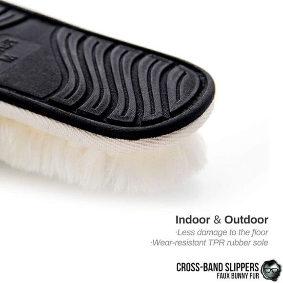 FUZZY FAUX BUNNY FUR CROSS BAND SLIPPERS IN IVORY NON-SLIP SIZE SMALL 5.5 - 6.5 - Picture 12 of 15